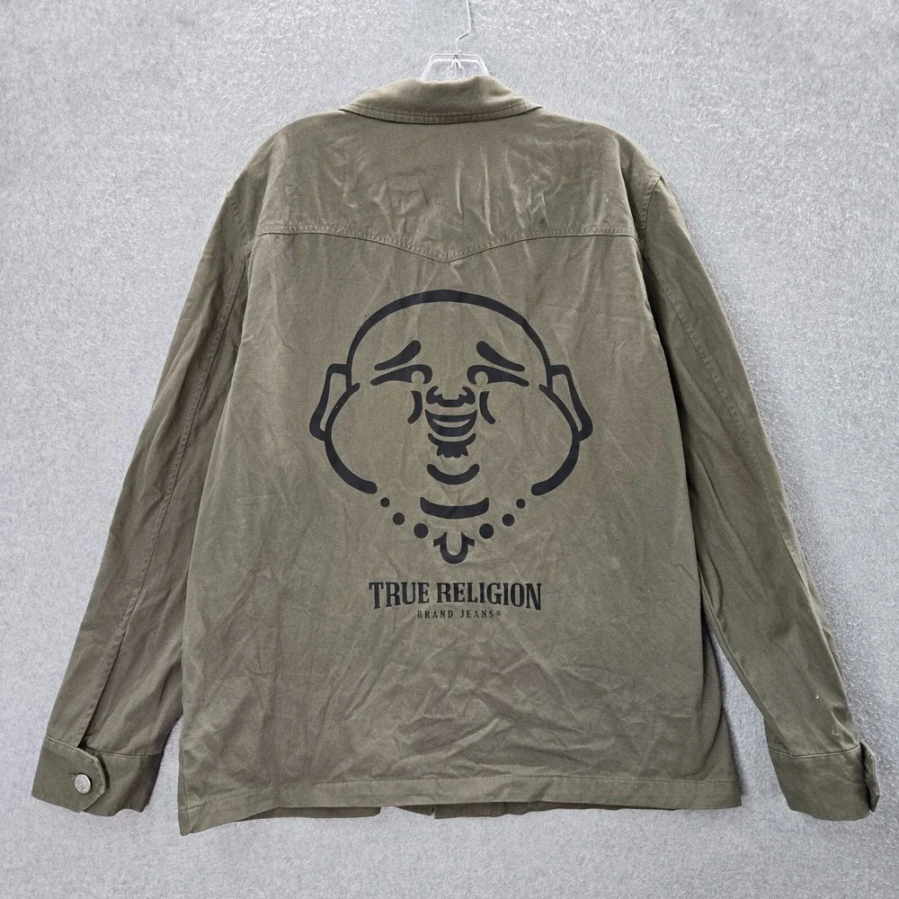True Religion Men Jacket Medium Green Military Logo Buddha‎ Long Sleeve